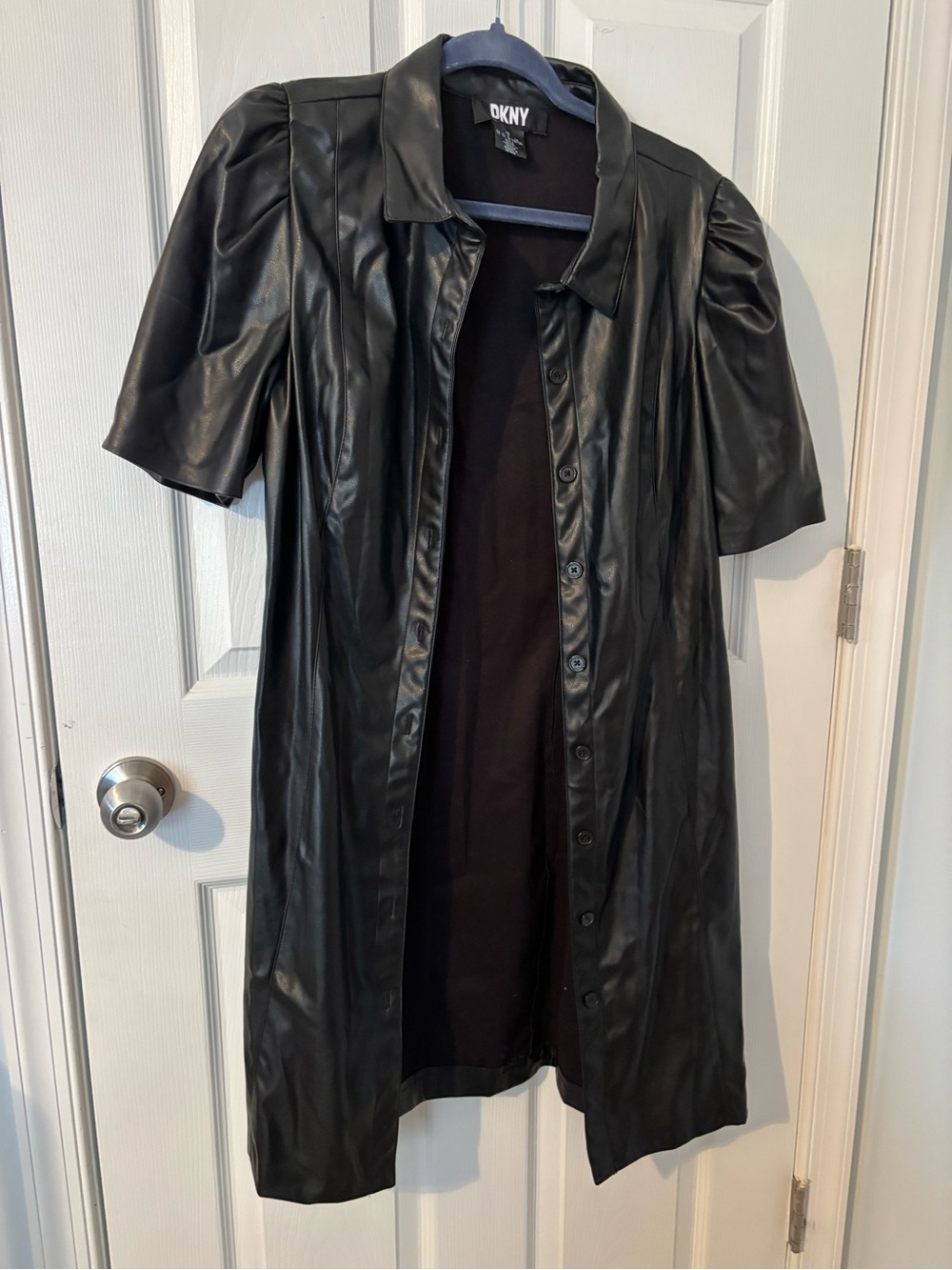 DKNY Black Short-Sleeve Faux Leather Button-Front Coat